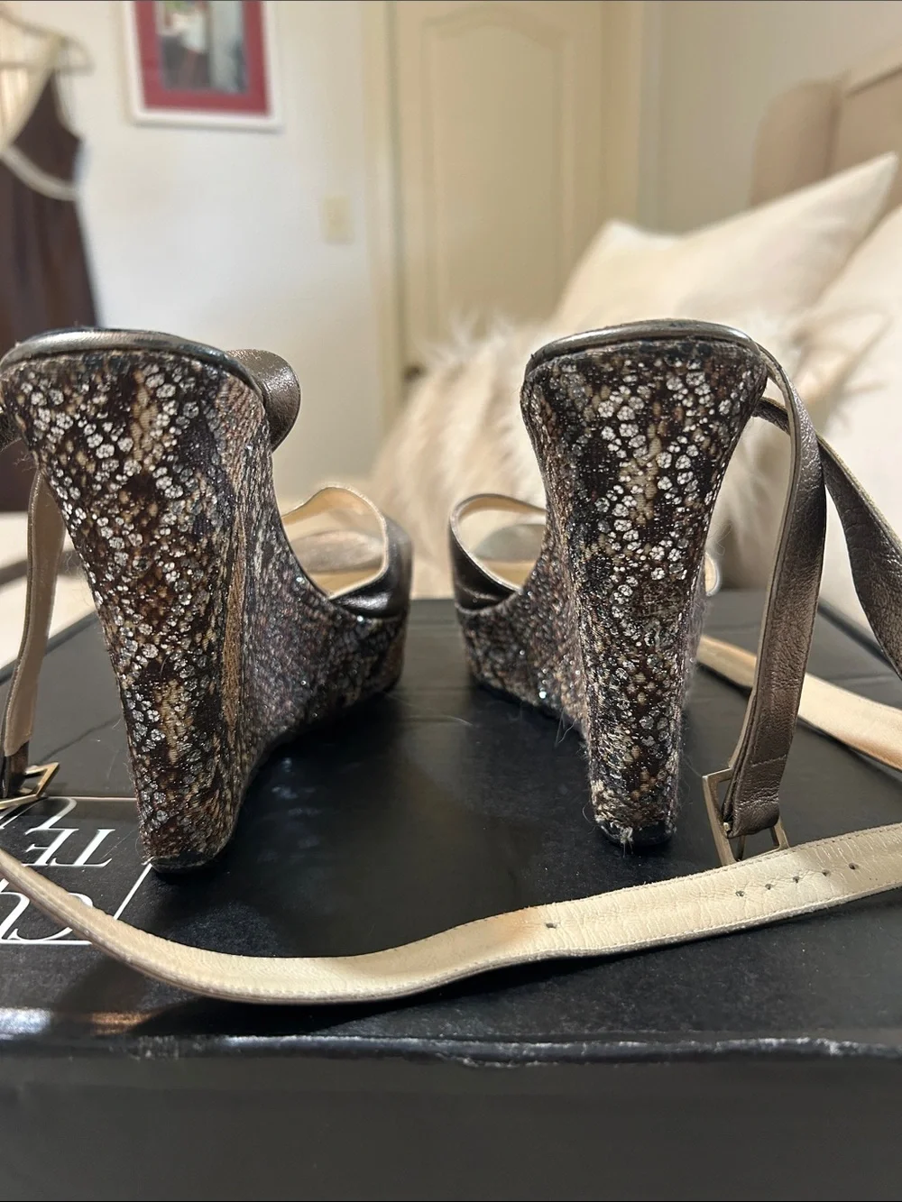 Jimmy Choo Pewter Metallic Snakeskin-Print Wedge Sandals
